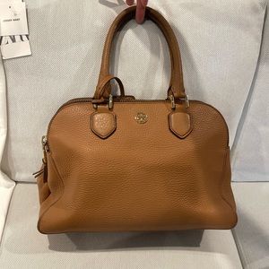 TORY BURCH Robinson Pebbled Triple Zip Satchel Tiger's Eye Tan Leather T…